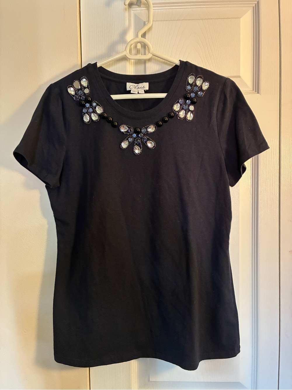Chaus Black Jeweled Short Sleeve Tee